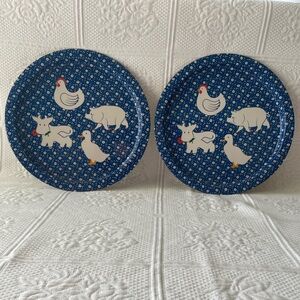 Farm Animal Metal Serving Tray Decor Cow Pig Chicken Duck Blue White Set of 2